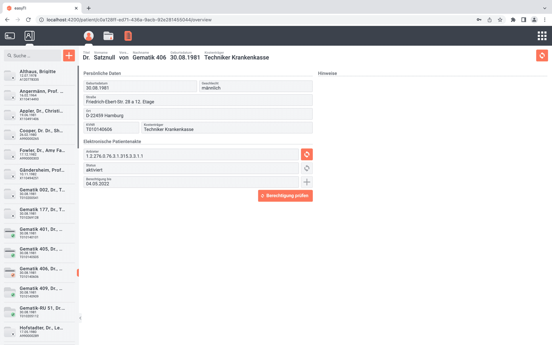 Persönliche Daten des Patientens
